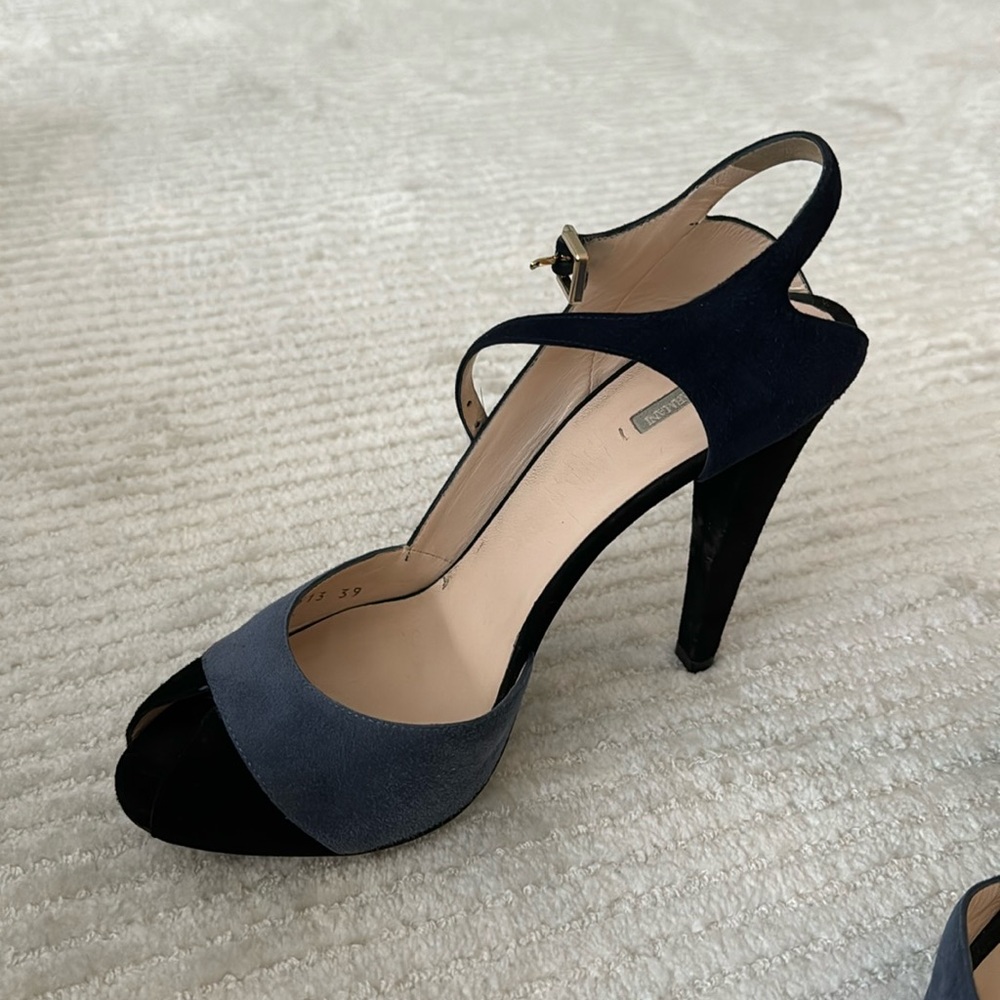 Suede 5” designer covered high heel peep toe three tone shoe